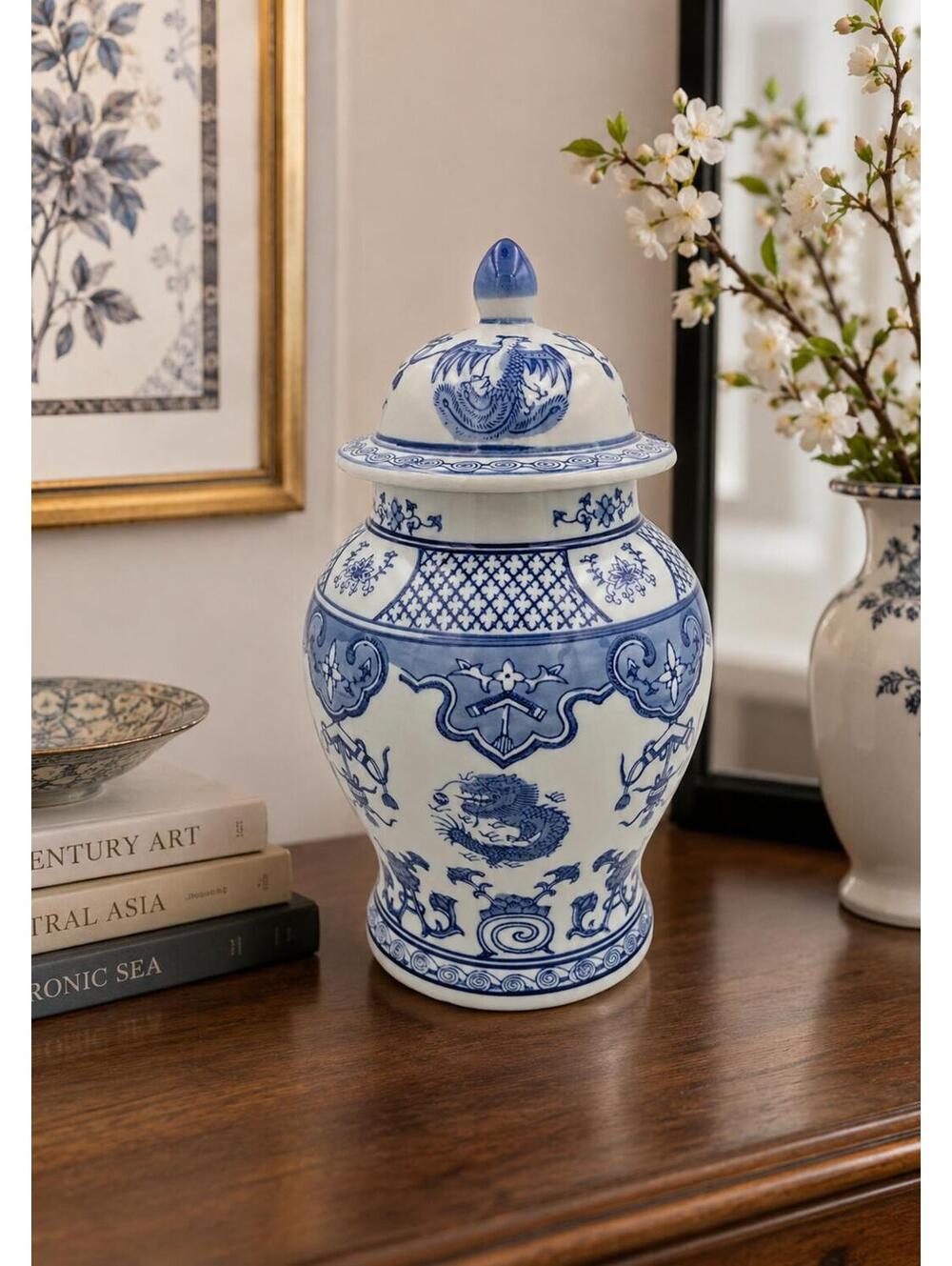 Vintage Blue White Porcelain Ginger Jar Phoenix Dragon Chinoiserie Lidded Vase